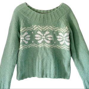 Energie Womens Juniors Super Soft Wide Neck Moss Green White Sweater Medium